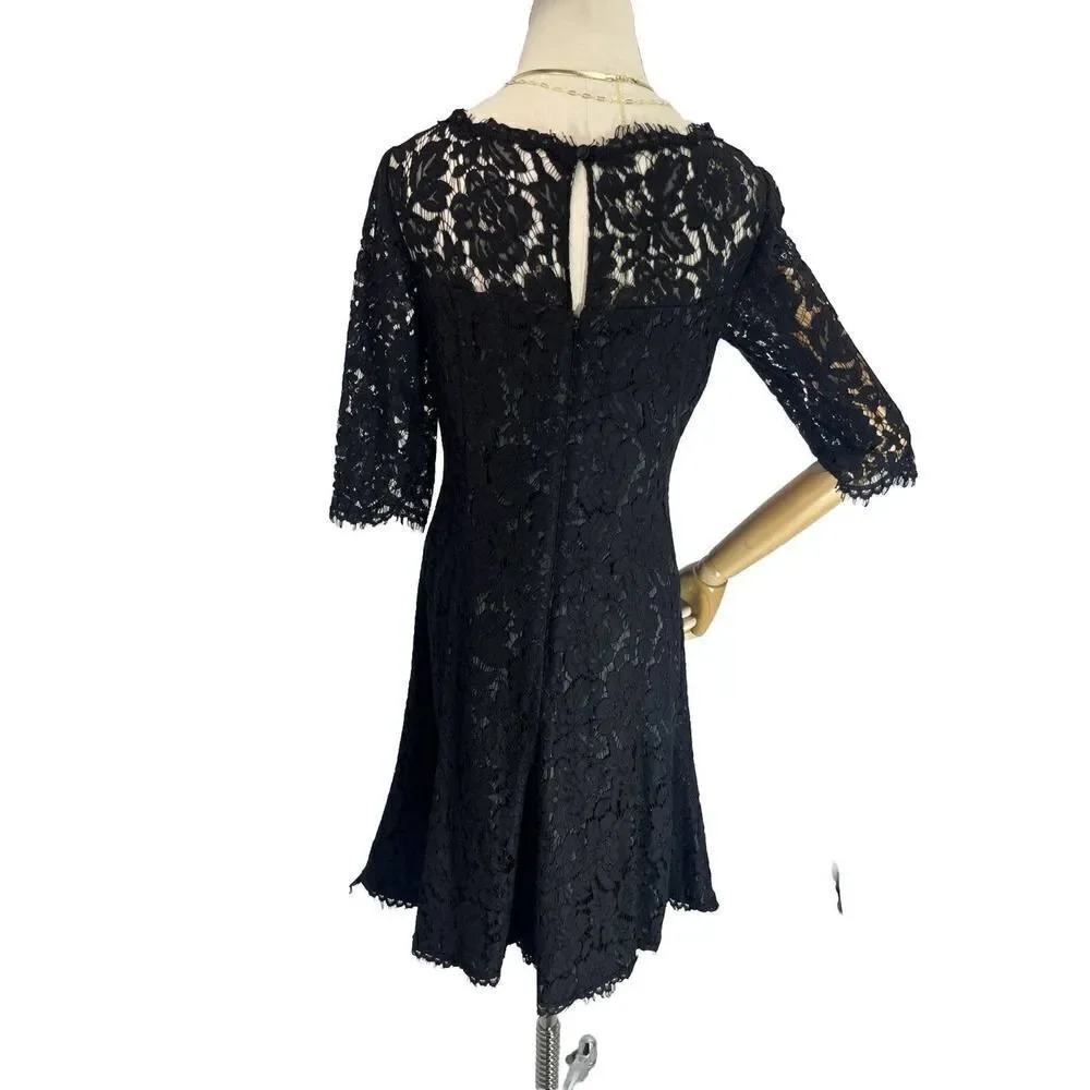 Eliza J Womens Size 4 Black Lace‎ Dress Sheer 3/4 Sleeve A-Line Fit Flare Lined